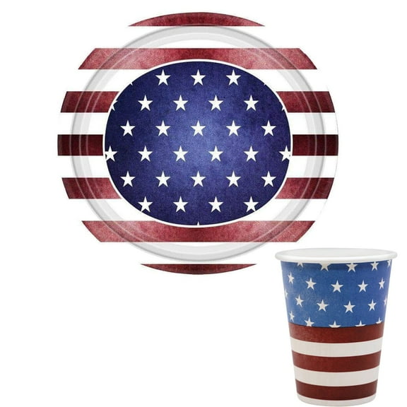 38 Piece Disposable Combo Patriotic Americana Dinnerware Set, 12" Paper Plates and Cups, American Themed Party Set for 4TH of July & Other Social Events