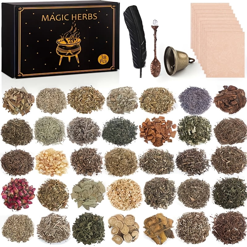 38-Piece Dried Herbs & Craft Accessories Set with Crystal Spoon, Bell & Feather, DIY Candle & Soap Making Craft Kit