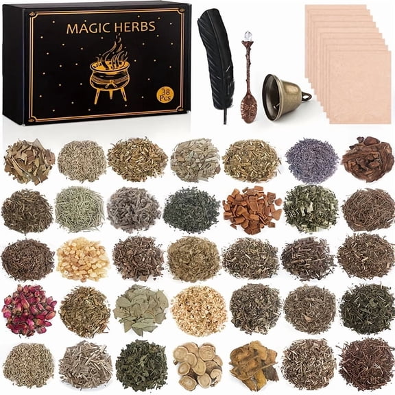 38-Piece Dried Herbs & Craft Kit w/ Crystal Spoon, Bell & Feather for DIY Witchcraft, Spells, Candle & Soap Making