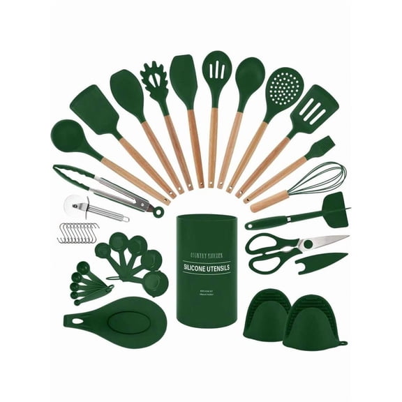 38-Piece Non-Stick Silicone Kitchen Utensil Set with Wooden Handles, Comprehensive Collection for Cooking, Baking, Flipping, Stirring, and Serving, Suitable for All Cookware