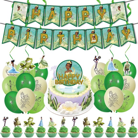 38-Piece For Princess Tiana and the Frog Cartoon-Themed Birthday Party Decorations Set Includes Banner, Cake Topper, 6 Spiral Ornament, 12 Cupcake Toppers, and 18 Balloons