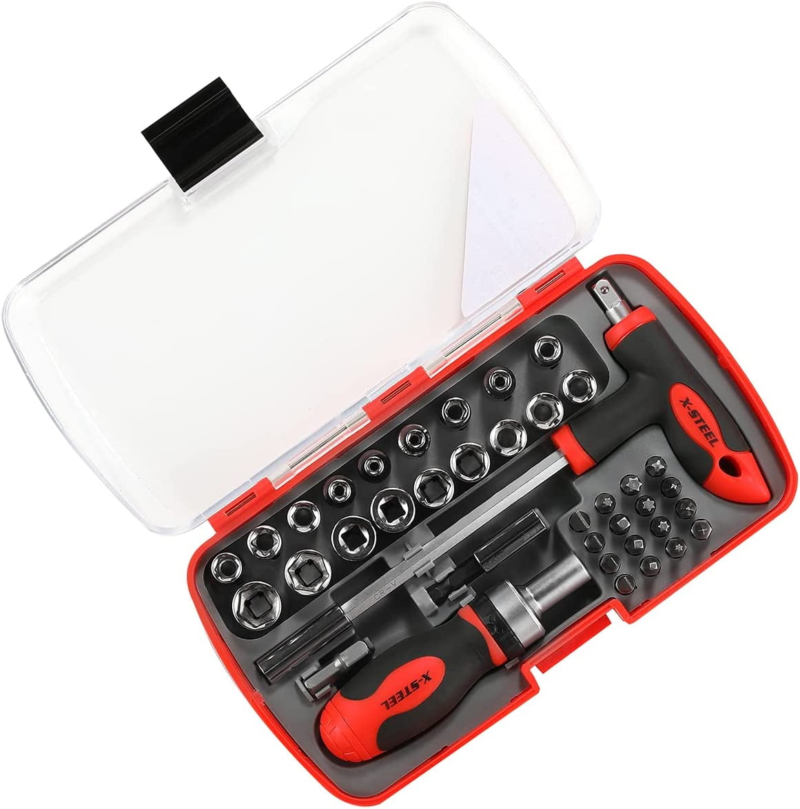 38-Piece Screwdriver Bit Set，CR-V steel Impact Bit Set，1/4”Hex Shank Drill Bit Set with T-handle and magnetic ratchet handle and Storage Box for Impact Drivers, Professional & DIY Use