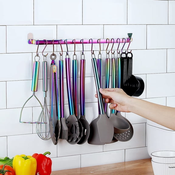 38-Piece Silicone Kitchen Cooking Utensils Set with Rack, Stainless Steel Handles, Non-Stick Gadgets, Dishwasher Safe (Rainbow)