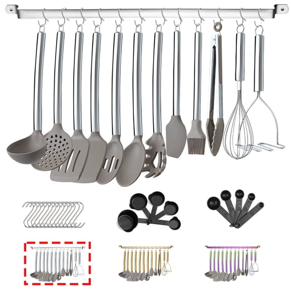 38 Piece Silicone kitchen Cooking Utensils Set with Utensil Rack, Silicone Head and Stainless Steel Handle Cookware, Kitchen Tools, Non-Stick kitchen Gadgets, Dishwasher Safe (Rainbow)