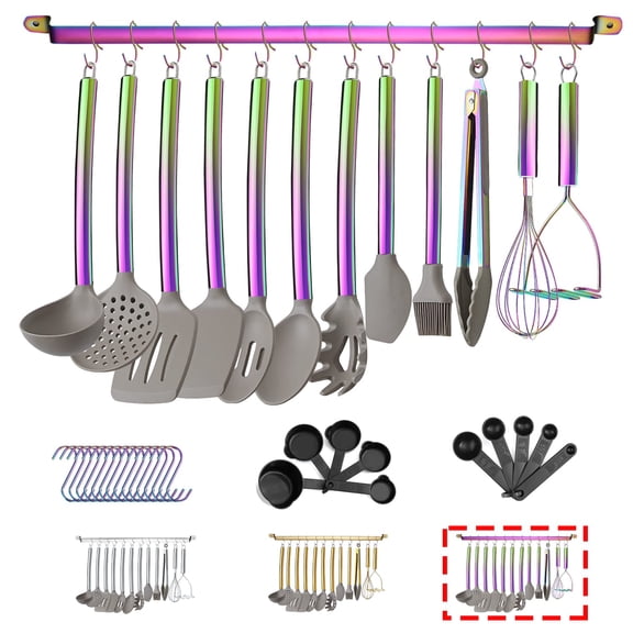 38 Piece Silicone kitchen Cooking Utensils Set with Utensil Rack, Silicone Head and Stainless Steel Handle Cookware, Kitchen Tools, Non-Stick kitchen Gadgets, Dishwasher Safe (Rainbow)