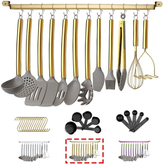 38 Piece Silicone kitchen Cooking Utensils Set with Utensil Rack, Silicone Head and Stainless Steel Handle Cookware, Kitchen Tools for Utensil Sets, Non-Stick kitchen Gadgets, Dishwasher Safe(Silver)