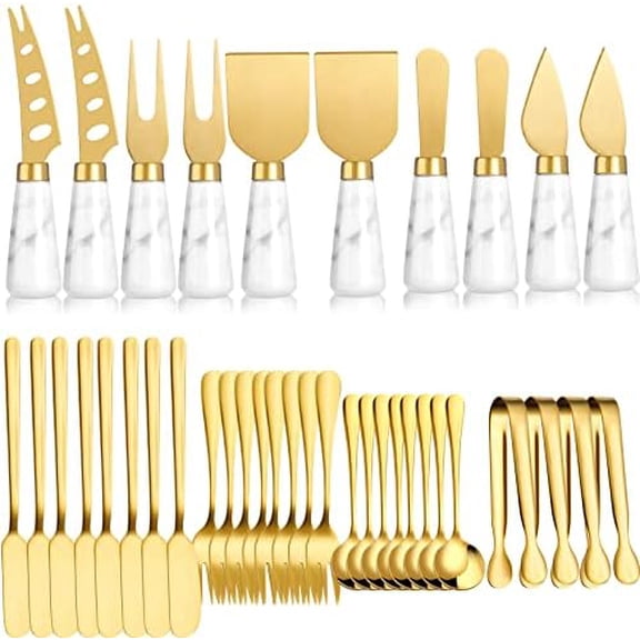 38 Pieces Gold Cheese Knife Set Marble Handle Butter Spatula Knives Cheese Spreader Cutter Cheese Shaver and Fork with Mini Serving Tongs Spoons and Fruit Forks for Charcuterie Board Accessories