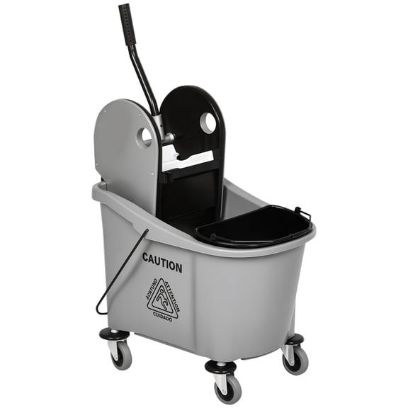 38 Quart Mop Bucket Cart with Wringer, Dual Compartment Rolling Cleaning Caddy with Wheels and Mop Holder, Gray