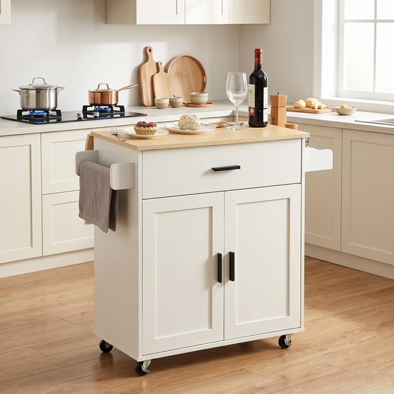 38" Rolling Kitchen Island Cart with Drop Leaf, White Kitchen Storage Cabinet and Microwave Stand with Drawer, Spice Rack, Towel Bar, Locking Wheels