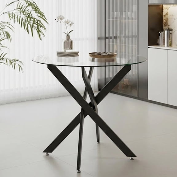 35" Round Glass Dining Table, Paproos Dining Table for 4, Kitchen Table with Gold Plated Metal Legs, Minimalist Glass Dining Room Table for Kitchen, Black(Only Table)