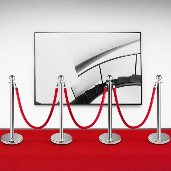38" Silver Stanchion Post with Red Velvet Rope - 3 Pack, Queue Line Barrier, Crowd Control, Retractable Belt Stand