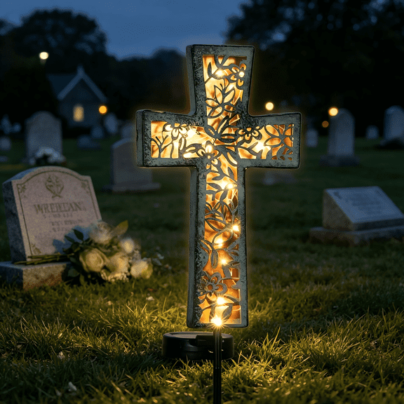 Solar Cross Memorial Lights for Cemetery, 38" Waterproof Metal Garden Stake, Vintage Blue Solar Grave Light for Yard Lawn Decor