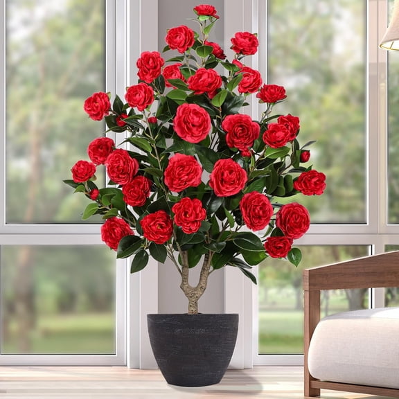 Artificial Camellia Tree 38 inch Tall, Faux Potted Plant with 32 Red Flowers, Indoor Outdoor Christmas Decor Arboles Artificiales