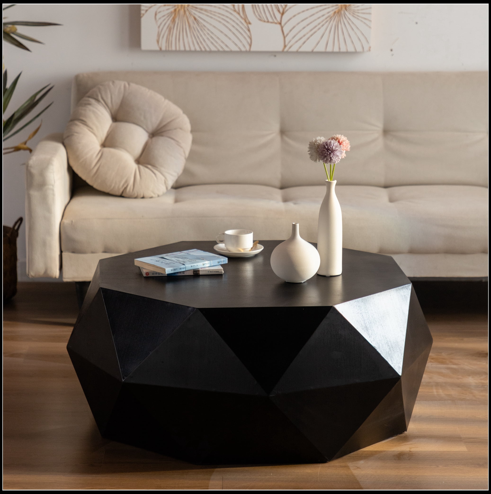 38"Three-dimensional Embossed Pattern Design American Retro Style Coffee Table,Black Tabletop