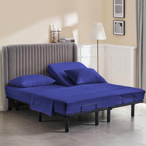 38" Top Split Head Sheets Queen Size, Premium 500-TC Egyptian Cotton Flex Head Sheets – Split Top, 4-PC Set, Fits 9–12" Deep Mattresses, Royal Blue