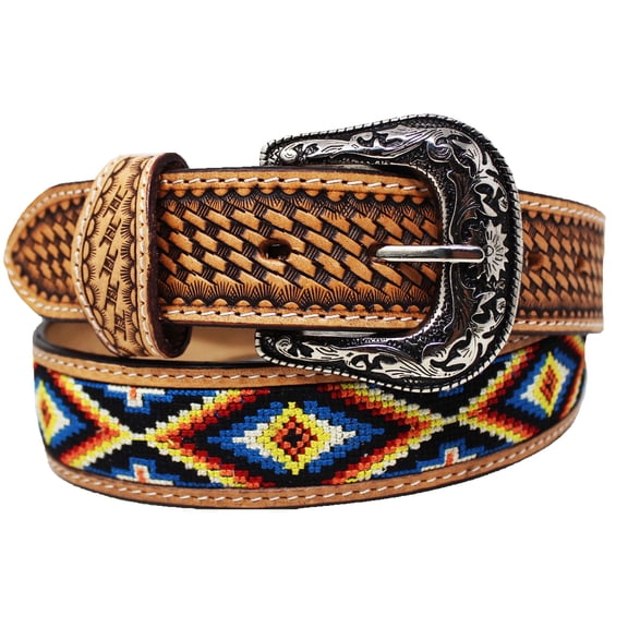 38  Unisex 1.5" Western Basketweave Tooled Full-Grain Leather Belt 26RT61