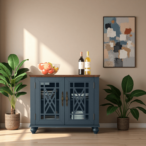 Joy River 38" Vintage Sideboard with Glass Doors and Adjustable Shelves,Blue
