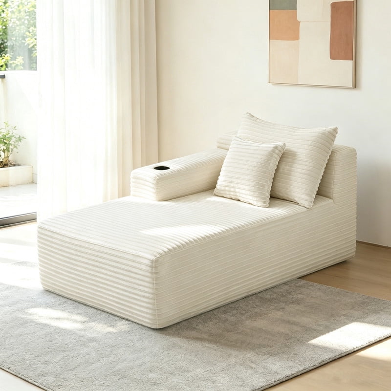 38''W Single Chaise Lounge with Left Cup Holder & Storage Pocket, Boneless Floor Sofa Accent Chair with Pillow
