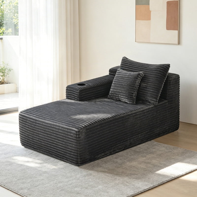38''W Single Chaise Lounge with Left Cup Holder & Storage Pocket, Boneless Floor Sofa Accent Chair with Pillow