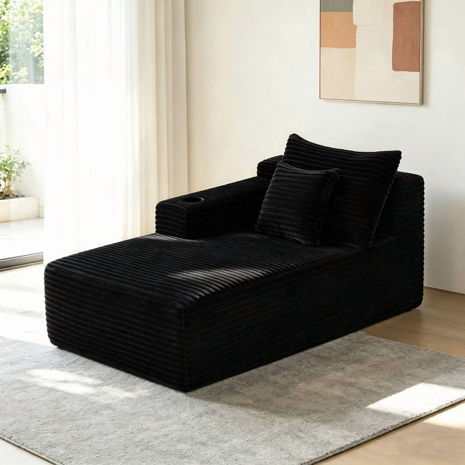 38''W Single Chaise Lounge with Left Cup Holder & Storage Pocket, Boneless Floor Sofa Accent Chair with Pillow