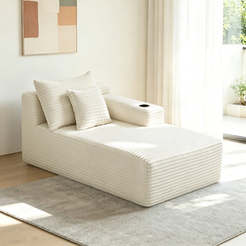 38''W Single Chaise Lounge with Right Cup Holder & Storage Pocket, Boneless Floor Sofa Accent Chair with Pillow