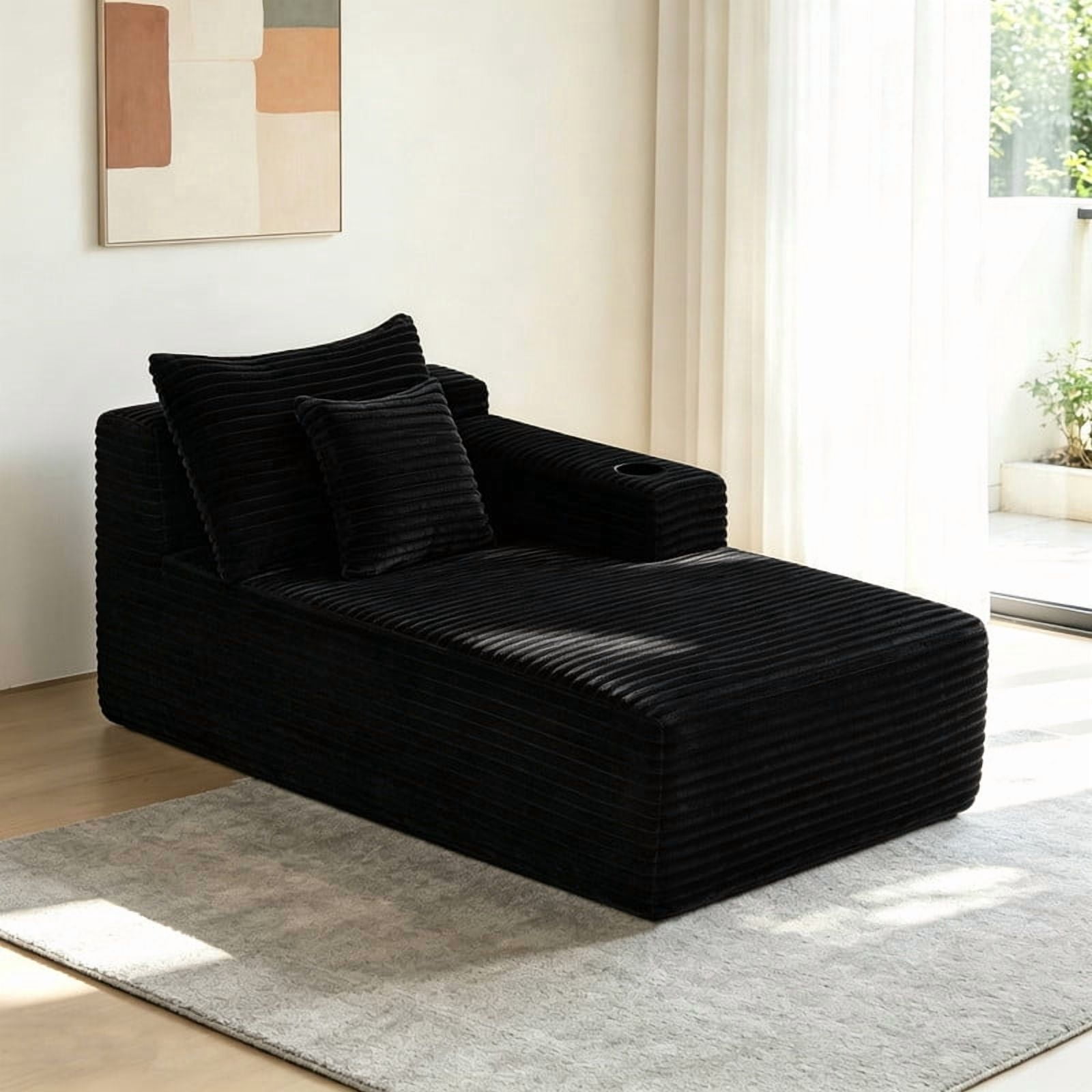 38''W Single Chaise Lounge with Right Cup Holder & Storage Pocket, Boneless Floor Sofa Accent Chair with Pillow
