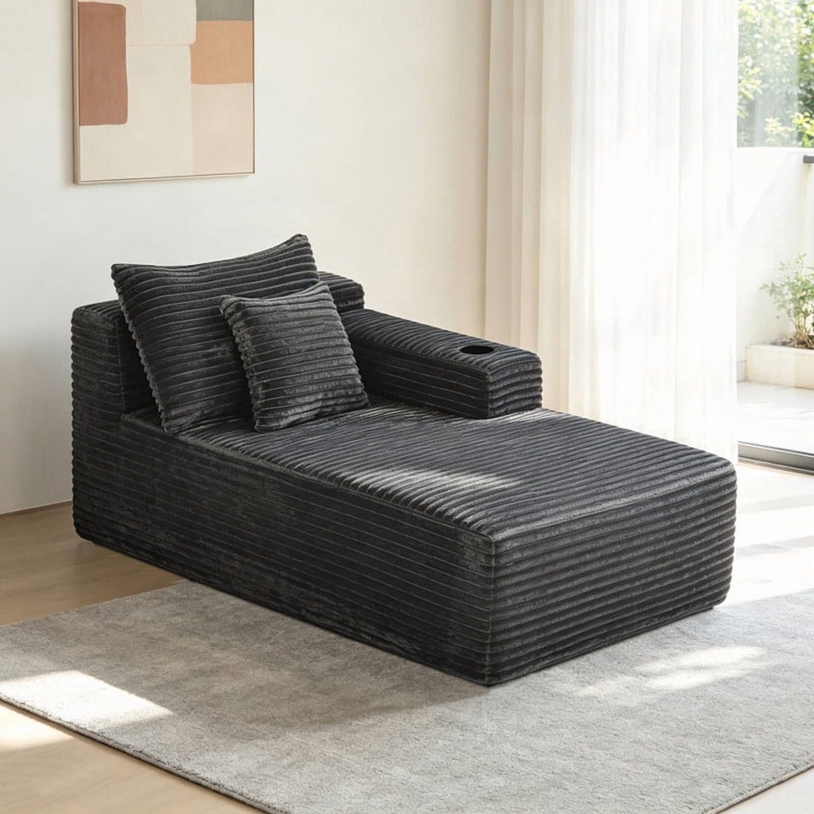 38''W Single Chaise Lounge with Right Cup Holder & Storage Pocket, Boneless Floor Sofa Accent Chair with Pillow