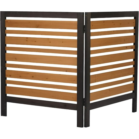 38" W X 42" H Air Conditioner Fence, Wood Trash Can Hider Outdoor, No Dig Privacy Fence, Pool Pump Enclosure, 3 Panel Outdoor Garbage Can Enclosure, Metal Frame, Easy Assembly (2 Panel Black+Gold)