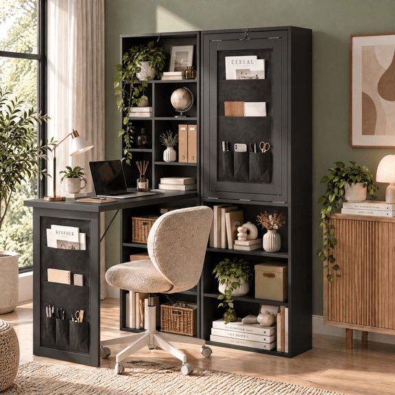 38" Wall Mounted Foldable Computer Desk, Writing Table with Storage Shelves, Workstation with Hanging Bag for Home Office, Black
