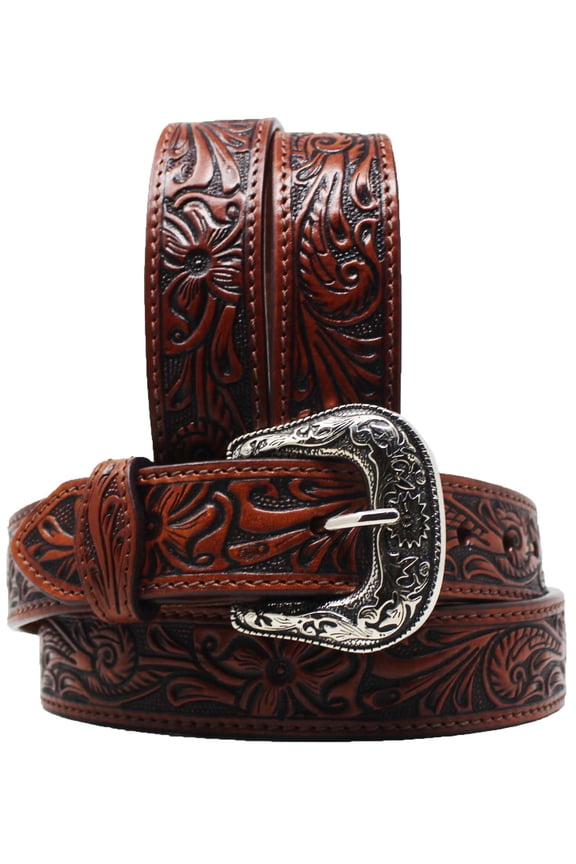 38 Western 1-3/4" Tapered Floral Tooled Full-Grain Brown Leather Belt 26RS04T