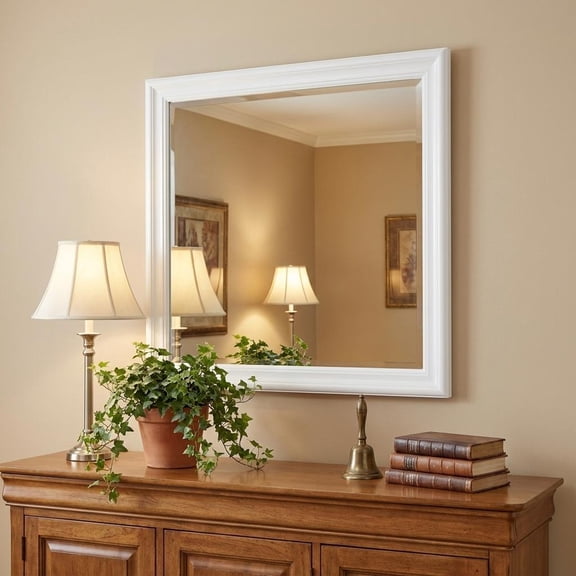 38" White Square Wood Framed Accent Mirror