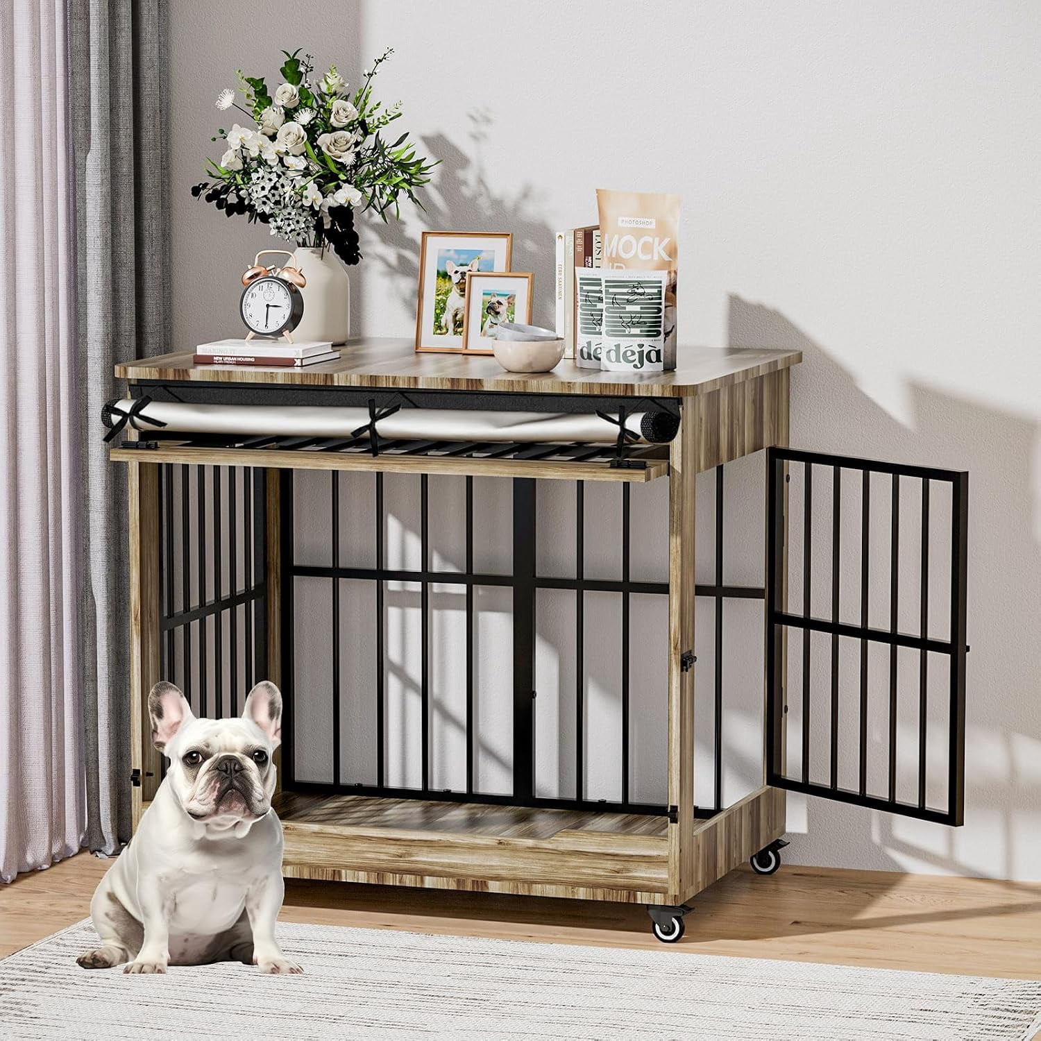 38" Wooden Dog Crate Furniture with Double Door, Lockable Wheels & Blackout Curtain – Decorative End Table Kennel for Large & Medium Breed Dogs, Greige