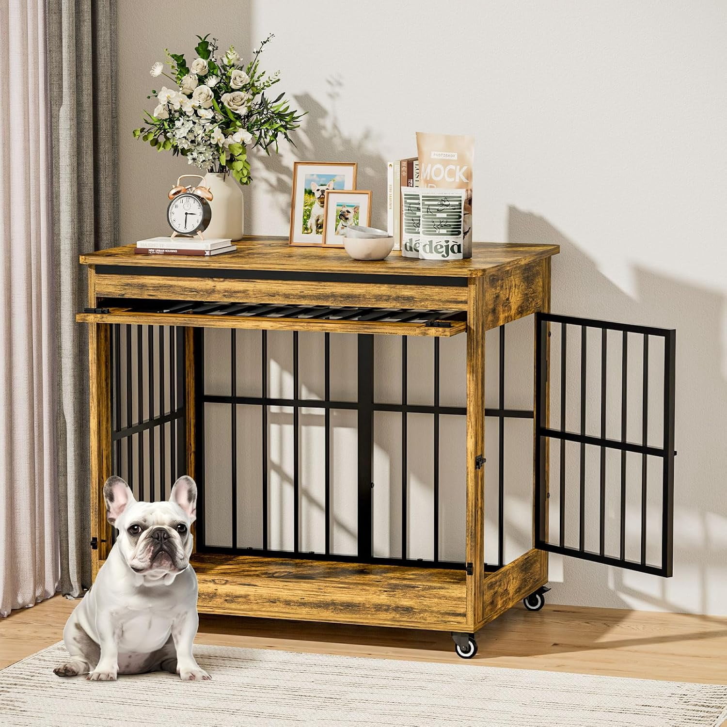 38" Wooden Dog Crate Furniture with Double Door, Lockable Wheels & Blackout Curtain – Decorative End Table Kennel for Large & Medium Breed Dogs, Rustic Brown