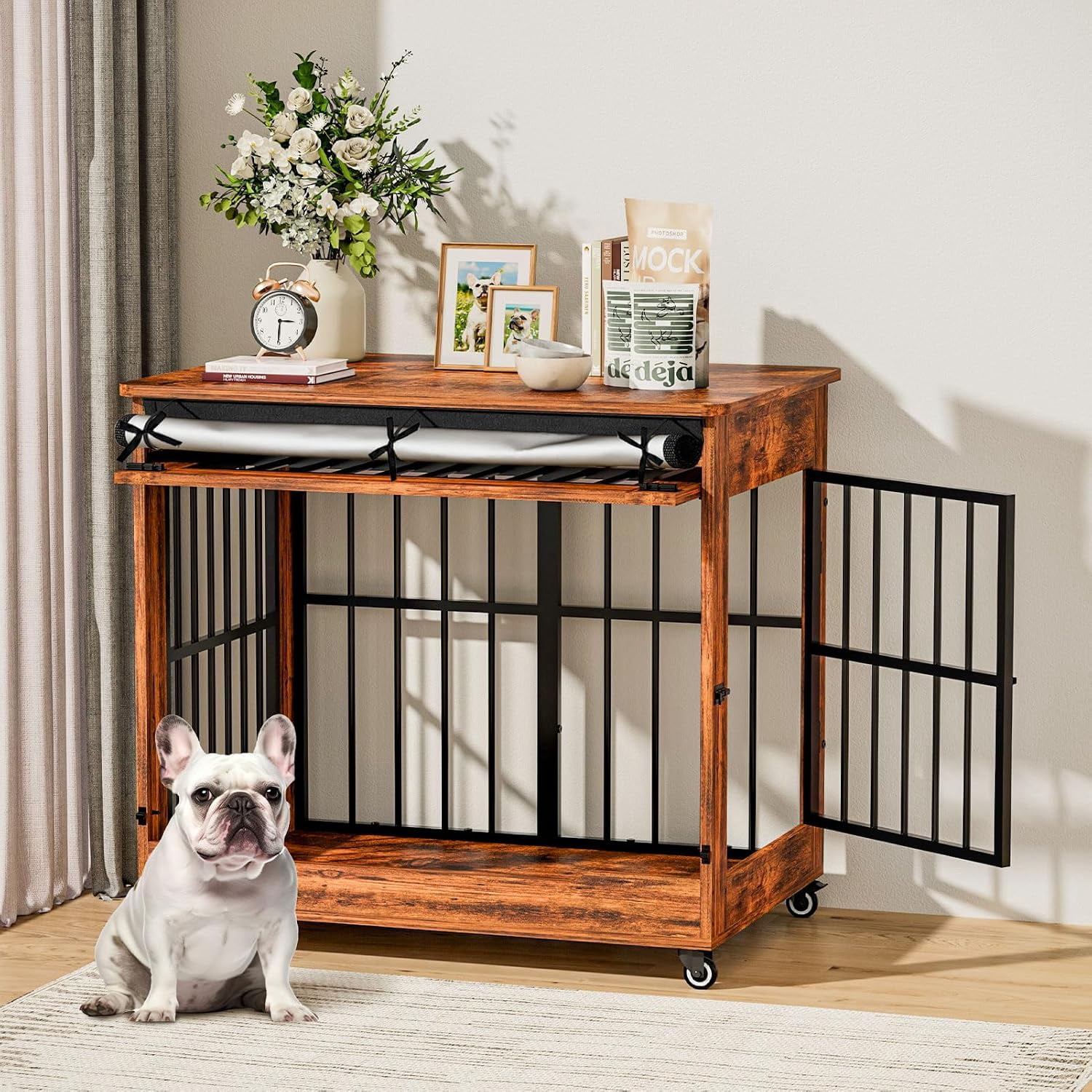 38" Wooden Dog Crate Furniture with Double Door, Lockable Wheels & Blackout Curtain – Decorative End Table Kennel for Large & Medium Breed Dogs, Vintage Brown