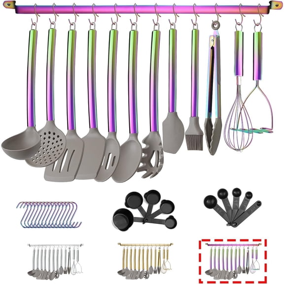 38 count kitchen Cooking Utensils Set with Utensil Rack, and Stainless Steel Handle Cookware, Kitchen Tools, Non-Stick kitchen Gadgets, Dishwasher Safe (Rainbow)