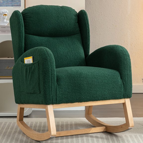 38"d Rocking Chair With Fabric And Wooden Supports For Bedroom Foam Filled Seat Base