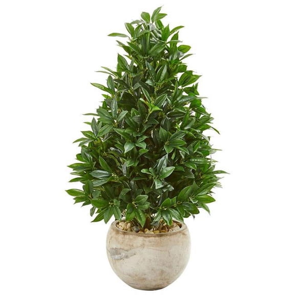 38 in. Bay Leaf Cone Topiary Artificial Tree in Bowl Planter - UV Resistant Indoor/Outdoor
