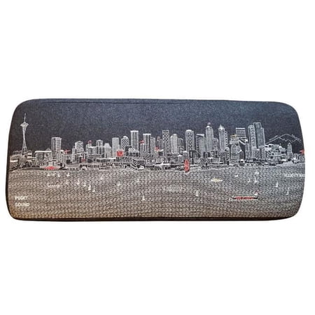 38 in. Seattle Nighttime Skyline Embroidered Ottoman, Black