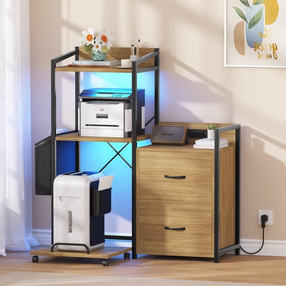 38-inch File Cabinet with LED Lights & Charging Station, 3-Tier Printer Stand with Drawers & Shelves for Office Organization