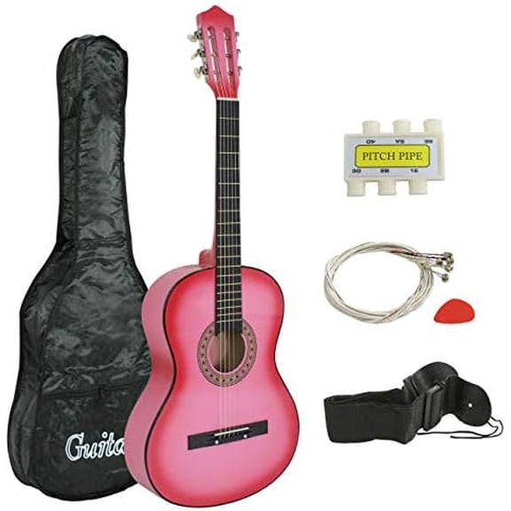 38-inch Kids Beginner Wood Acoustic Guitar Right-handed with Pitch Pipe Gig Bag Extra Nylon Strings Set Pick for Kids/Girls/Boys/Beginners (Pink)$$Music
