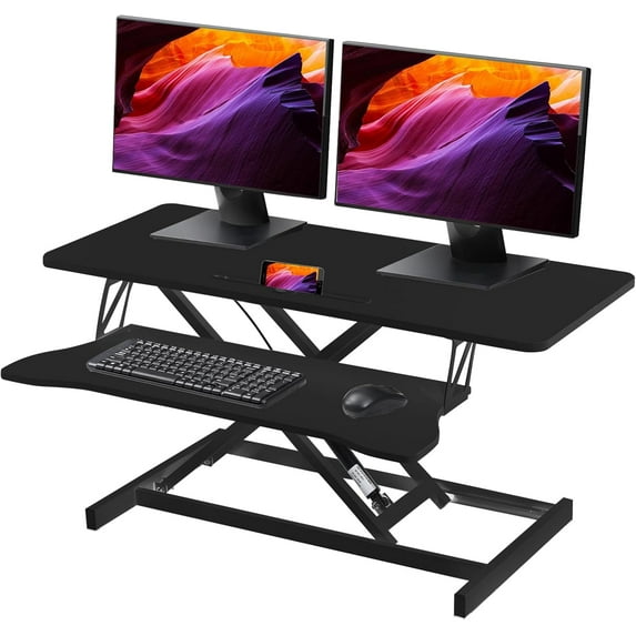 38-inch Standing Desk Converter Height Adjustable Sit to Stand Up Workstation, Duals Monitor and Laptop Riser with Wide Keyboard Tray, for Home, School, Company, Black