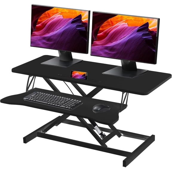 38-inch Standing Desk Converter Height Adjustable Sit to Stand Up Workstation, Duals Monitor and Laptop Riser with Wide Keyboard Tray, for Home, School, Company, Black