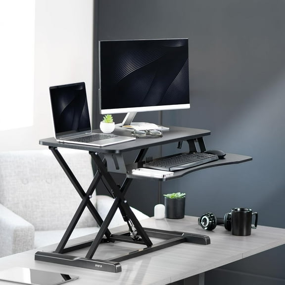 38-inch Wide Standing Desk Converter for Dual Monitors - Height Adjustable Riser with Keyboard Tray
