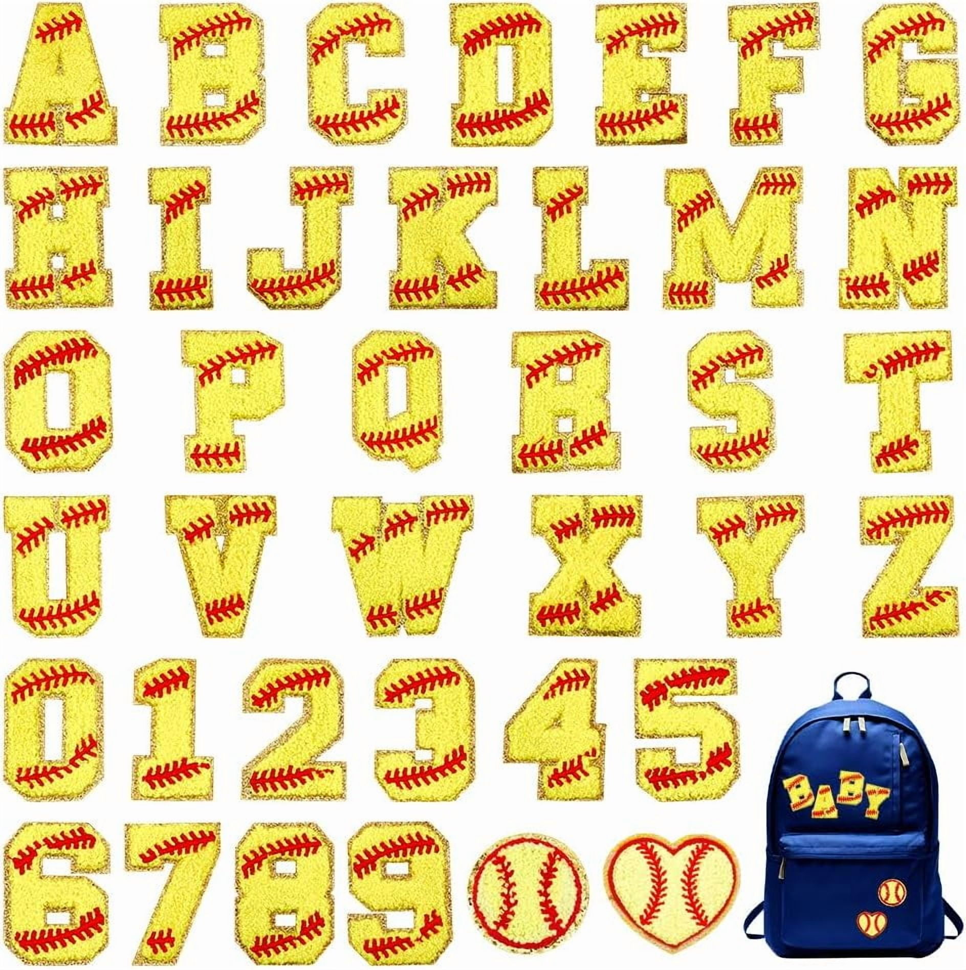 38 pcs Letter Numbers Patches Ball Softball Patches Iron on Letter Chenille Patches Gold Baseball Style Embroidered Patches for DIY Clothes Backpack Hats Shirt Jeans DIY Accessories