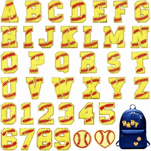 38 pcs Letter Numbers Patches Ball Softball Patches Iron on Letter Chenille Patches Gold Baseball Style Embroidered Patches