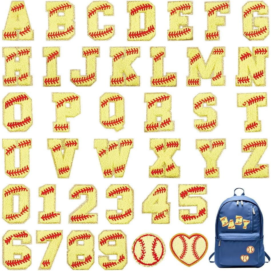 38 pcs Letter Patches Ball Softball Patches Iron on Letter Chenille Patches Gold Baseball Style Embroidered Patches for Clothes Backpack Hats Shirt Jeans DIY Accessories