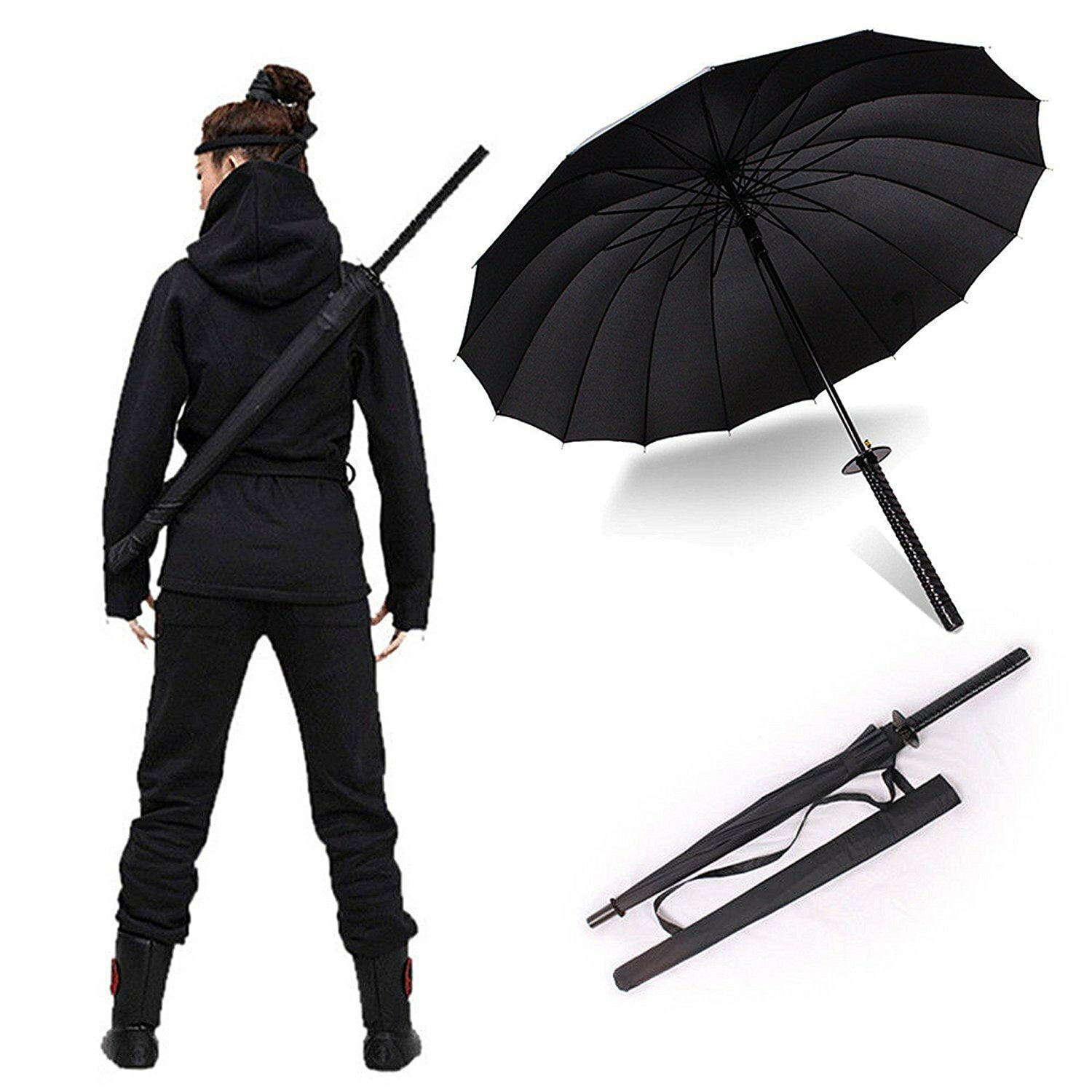 SMILING JUJU 38" tall Black EHD Samurai Ninja Katana Umbrella Samurai Swords Umbrella