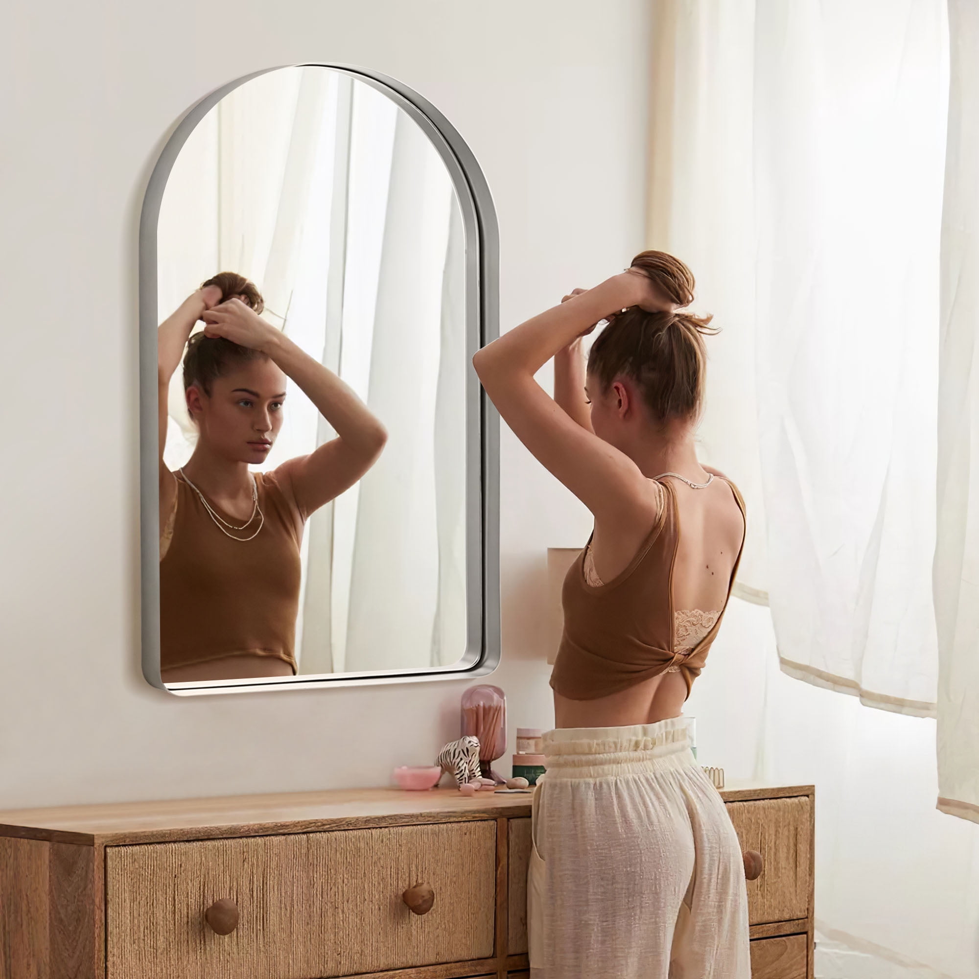38"x26" Aluminum Alloy Wall Mount Rounded Corner Arched Mirror,Silver