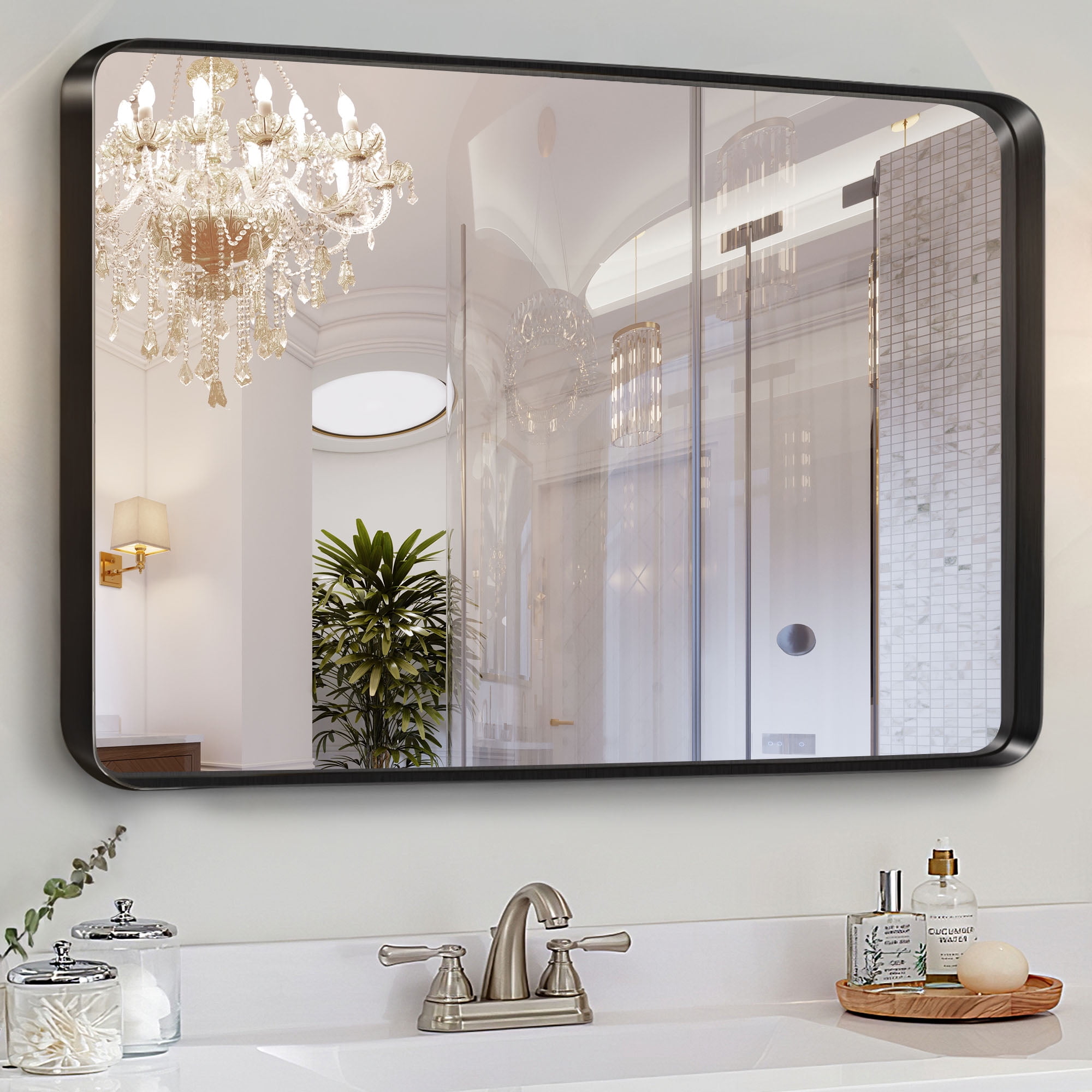 38"x26" Aluminum Alloy Wall Mount Rounded Corner Rectangular Mirror,Black