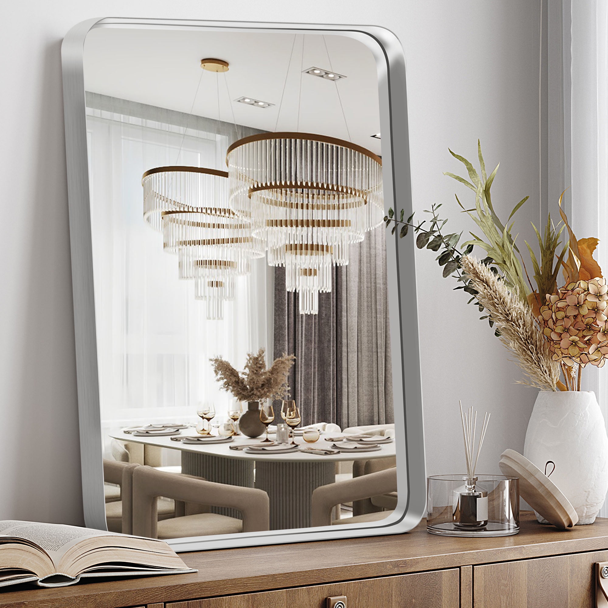 38"x26" Aluminum Alloy Wall Mount Rounded Corner Rectangular Mirror,Silver